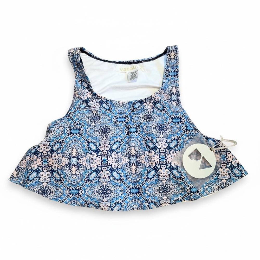 Perfect Vacation Blue Geometric Cropped Ruffle Bikini Top NWT